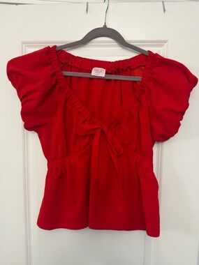 Red Puff-Sleeve Tie-Front Peasant Top